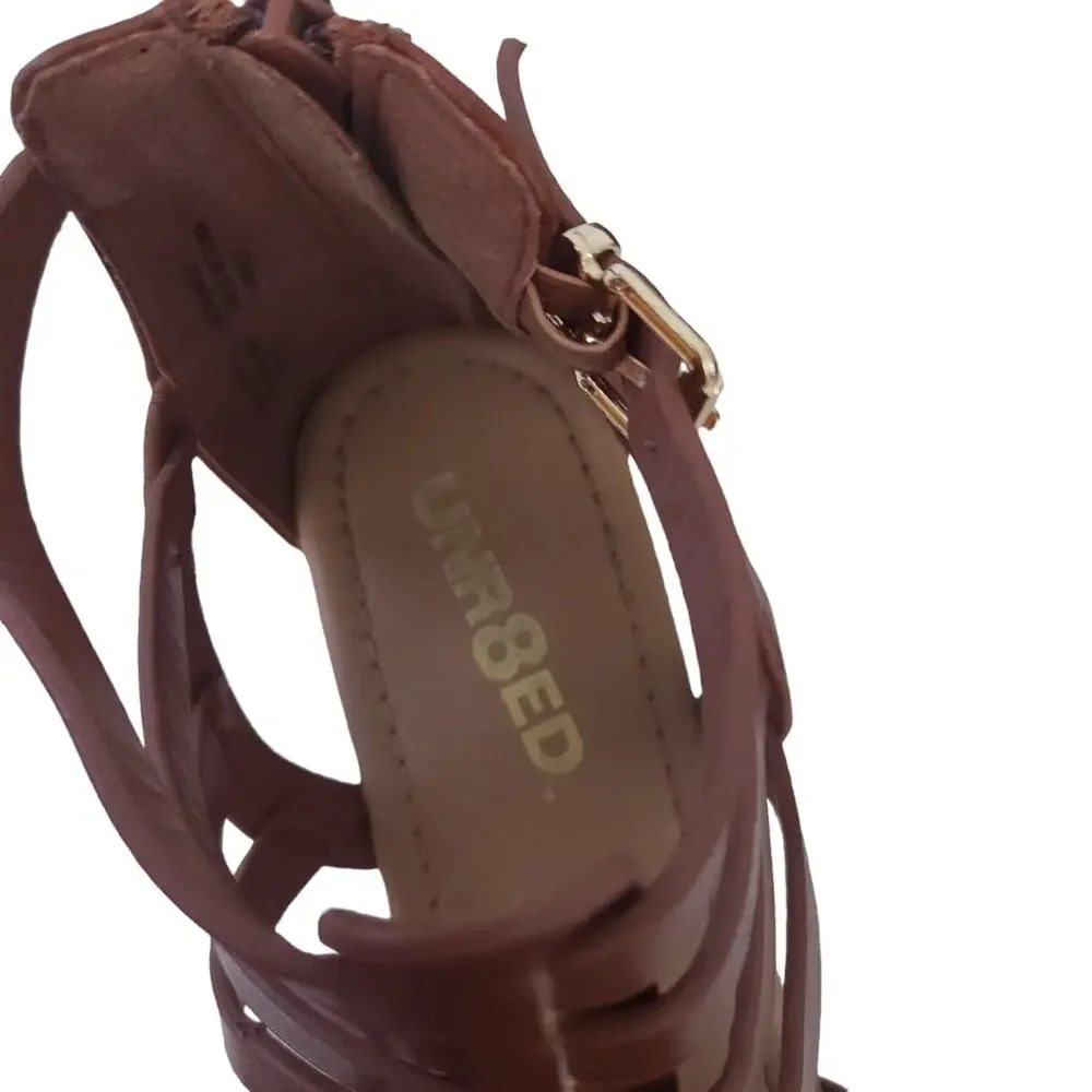 UNR8ED Girls Gladiator Sandals Brown Size 3 Open Toe Shoes, Back Closure, Flats